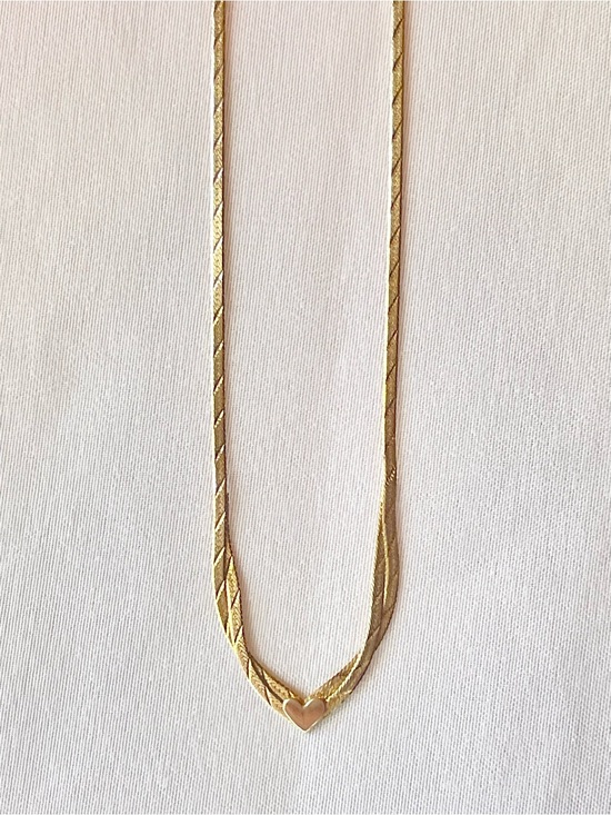Jewelry - Vintage 14K Yellow Gold Layered Herringbone Chain V Necklace with Heart Center